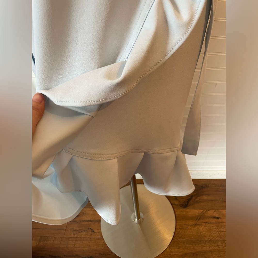 Calvin Klein Light Blue Crepe Ruffle Tulip Hem Faux Wrap Dress NWT Size 10 - Picture 9 of 13
